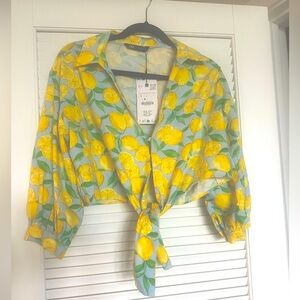 ZARA Lemon Printed Linen Blend Cropped Blouse, Tie Front
